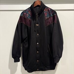 Vtg Current Seen Bomber Jacket Women XL Black Reversible Floral Trim Oversized